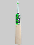 Wooden cricket bat with a green and white logo on a hexagonal tiled floor.