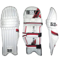 White cricket pads with red and black accents on a white background