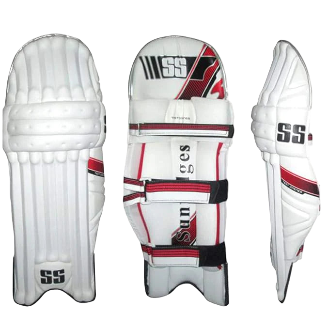 White cricket pads with red and black accents on a white background