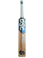 Wooden cricket bat with DSC branding on a hexagonal tiled floor