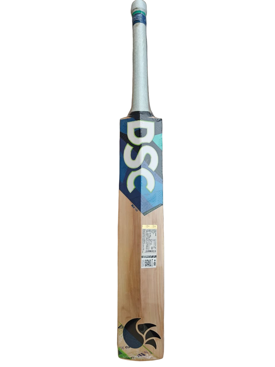 Wooden cricket bat with DSC branding on a hexagonal tiled floor
