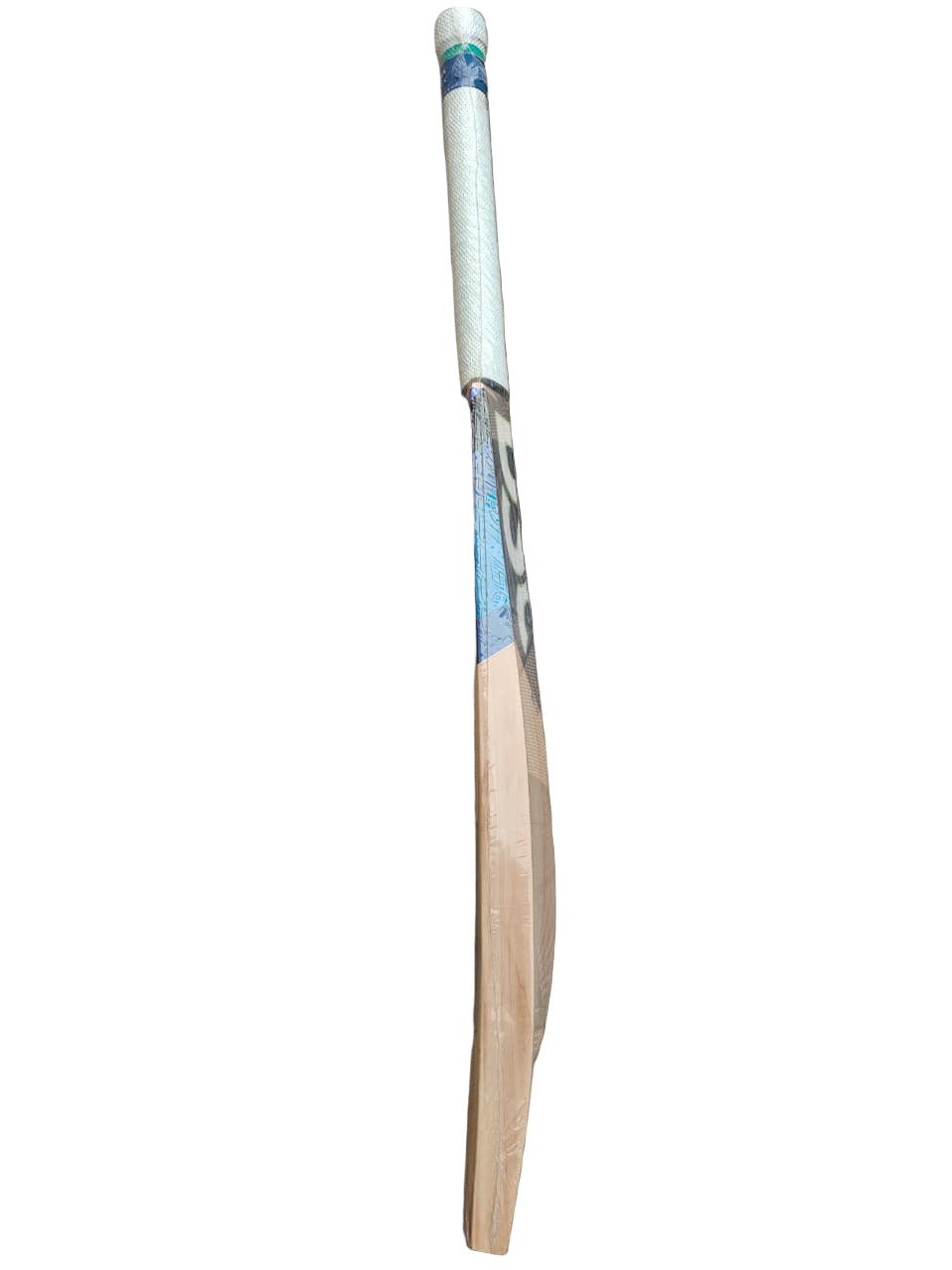Wooden cricket bat on a hexagonal patterned floor