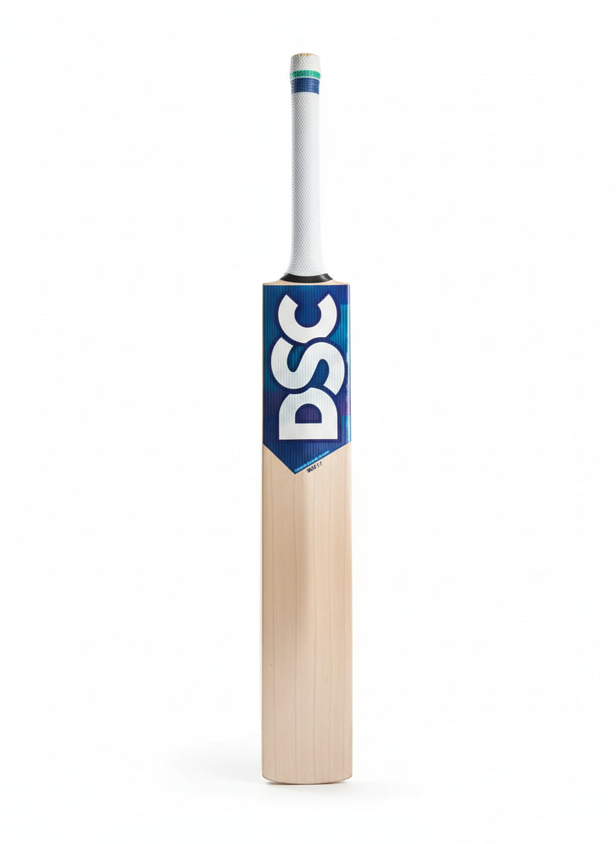 Crickets bat with DSC logo on a tiled floor