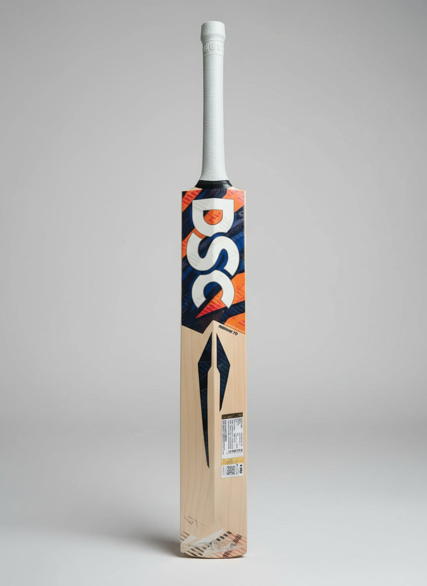 Batsman's cricket bat with a brand logo on a hexagonal tiled floor