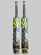 Two DSC cricket bats on a hexagonal patterned floor.