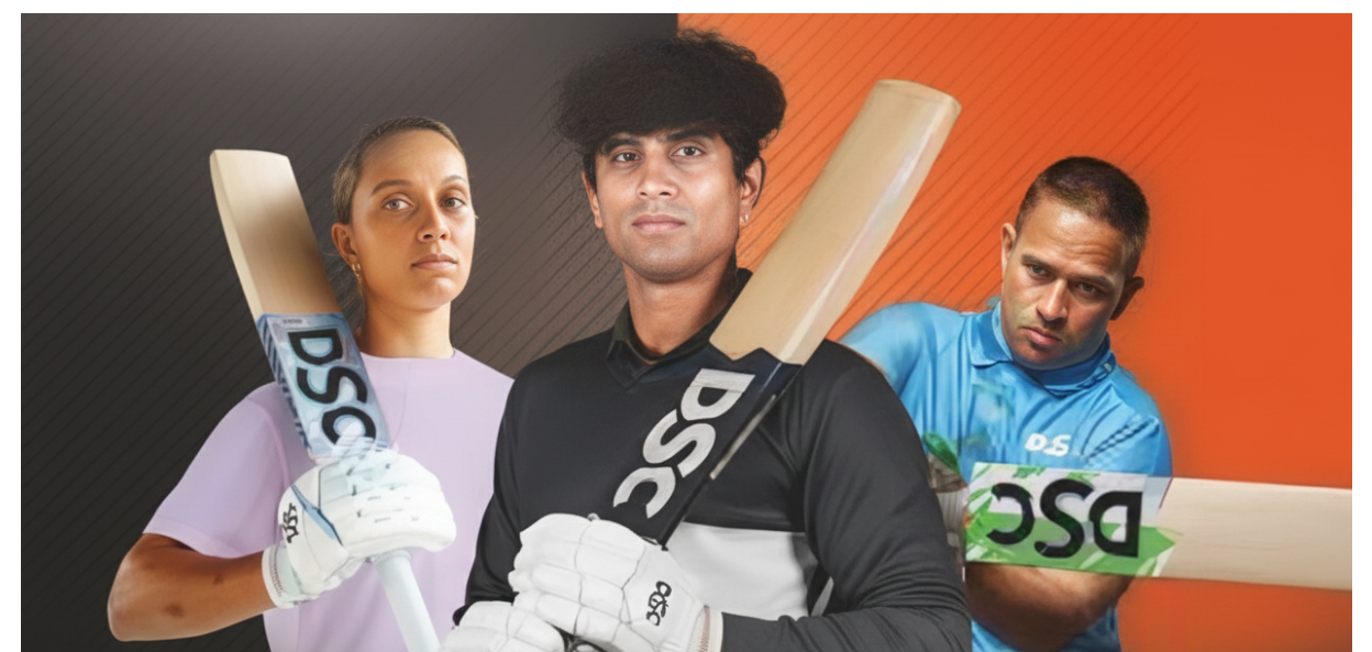 Three individuals holding DSC branded cricket bats against a colorful background