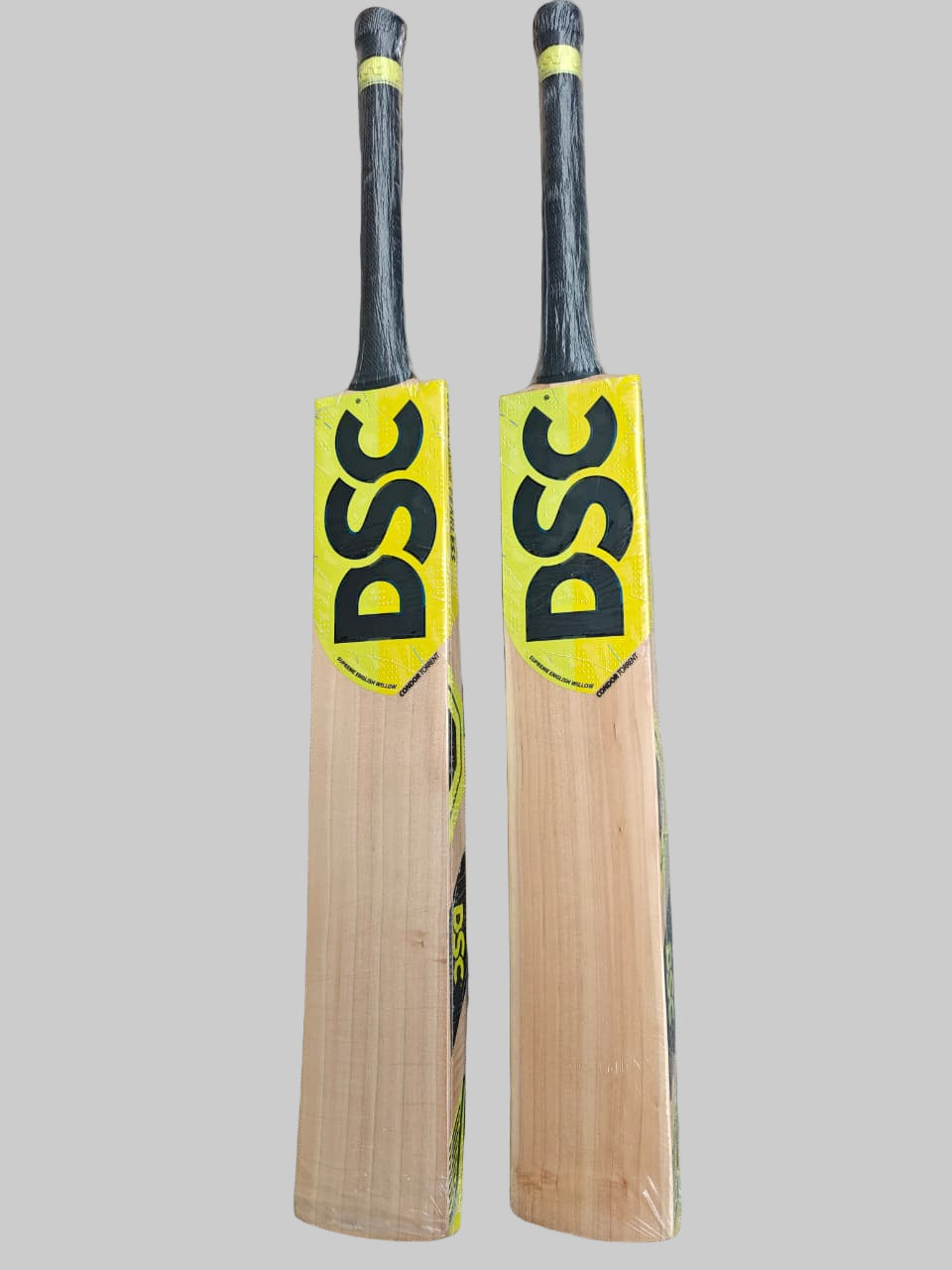 Two cricket bats with DSC branding on a tiled floor.